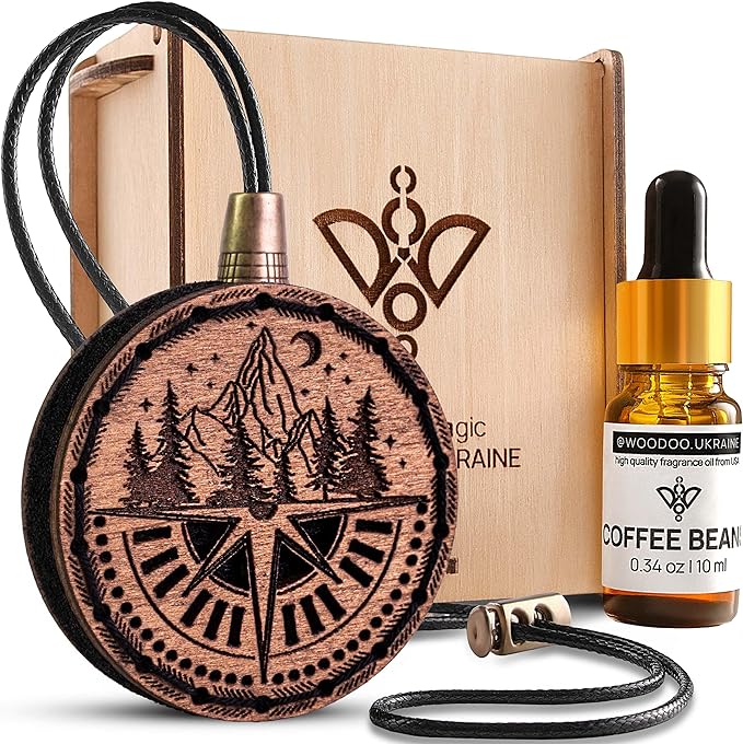 Wood Car Air Freshener — Handmade Car Air Freshener — Compass Mountains Designed Fragrance Oil Diffuser in Wooden Gift Box — 