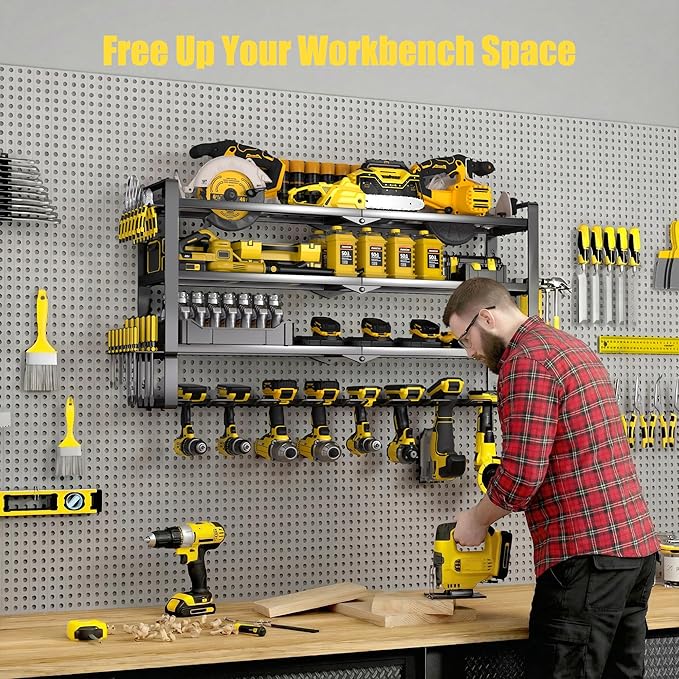 MOOMSINE Large Power Tool Organizer Wall Mount, 4-Tier Heavy Duty Metal Storage Rack Loads 400lbs, Battery Tools Hanger with 
