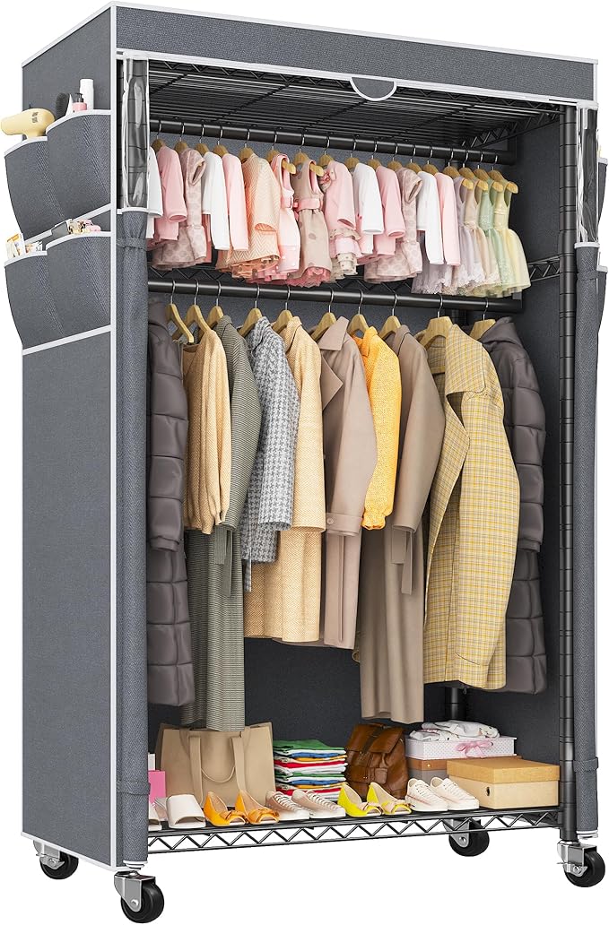Raybee Rolling Clothes Rack with Cover Clothing Racks for Hanging Clothes Heavy Duty Portable Closet with Wheels Garment Rack