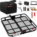 Mockins 40"x40"x6" Extra Deep Square Trailer Hitch Cargo Carrier & 30 CuFt Square Waterproof Cargo Hitch Carrier Bag | 500 Lbs. Capacity Folding Luggage Rack for SUV Car Truck RV & More w/Accessories
