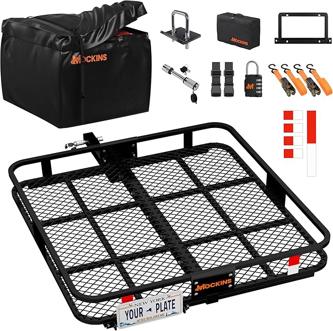 Mockins 40"x40"x6" Extra Deep Square Trailer Hitch Cargo Carrier & 30 CuFt Square Waterproof Cargo Hitch Carrier Bag | 500 Lbs. Capacity Folding Luggage Rack for SUV Car Truck RV & More w/Accessories
