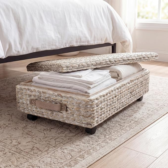 happimess BSK1006C 26.38" Chett Minimalist Hand-Woven Hyacinth/Wood Underbed Storage Bin with Wheels and Handles for Storage 