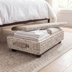 happimess BSK1006C 26.38" Chett Minimalist Hand-Woven Hyacinth/Wood Underbed Storage Bin with Wheels and Handles for Storage 
