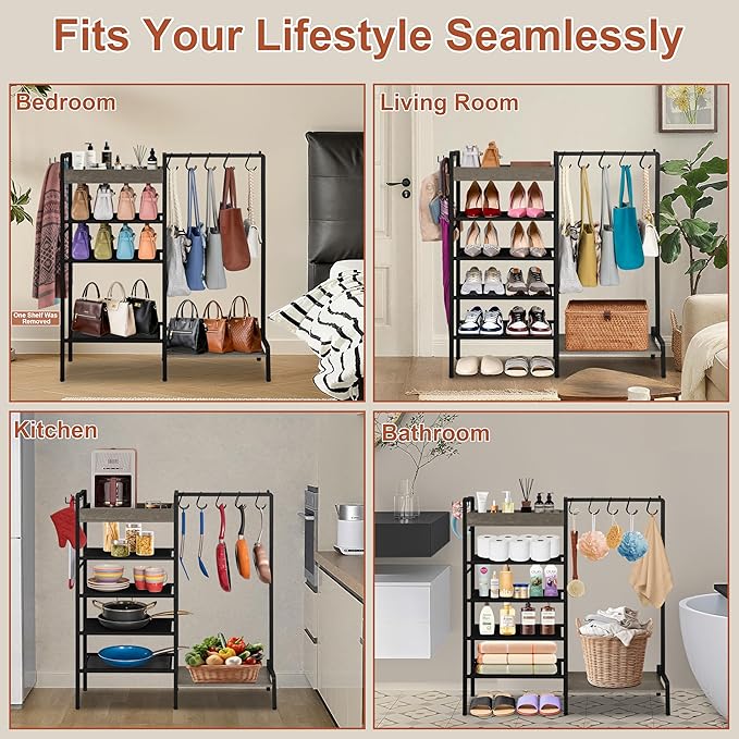 2-in-1 Shoe and Purse Rack, 5-Tier Shoe Rack with Wooden Tray & 7 Hooks, Industrial Metal Shoe Shelf with Removable Shelves f