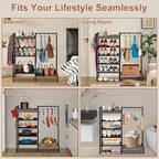 2-in-1 Shoe and Purse Rack, 5-Tier Shoe Rack with Wooden Tray & 7 Hooks, Industrial Metal Shoe Shelf with Removable Shelves f