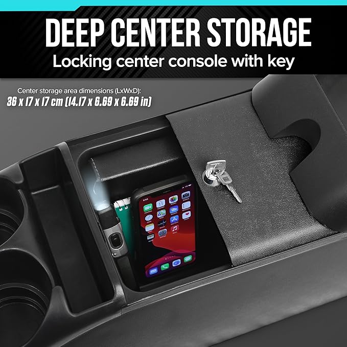 Center Console for Minivans, SUVs, Middle Van Console, Extra Cup Holders, Large Storage, 27"L x 11.5"W x 8.5"H,Made in USA (Black)