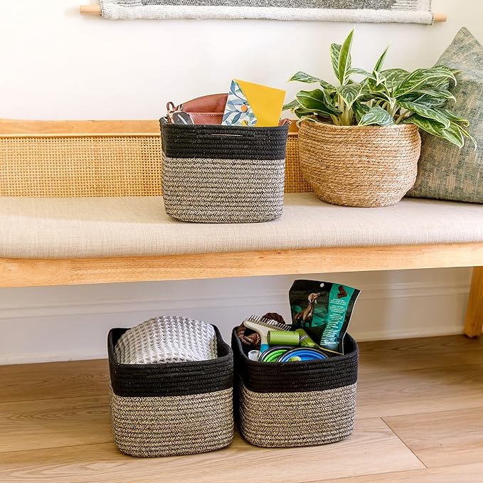 NaturalCozy Storage Cubes 9”x9”x7”Cotton Rope Woven Baskets for Organizing 3-Pack | 9 Inch Cube Storage Bin | Small Basket fo