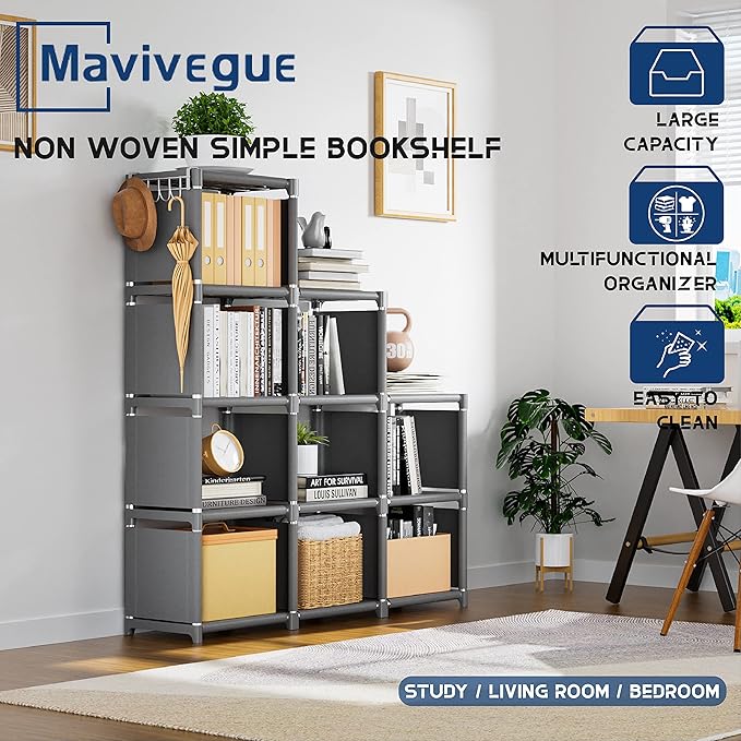 Mavivegue Book Shelf, 12 Cube Storage Organizer, DIY Bookcase, Metal Cube Bookshelf,Tall Book case for Bedroom, Living Room,O