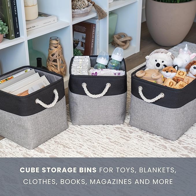 OrganiHaus 12x12 Cube Storage Bins 4 Pack, Foldable Cube Storage Organizer w/ Rope Handles, Collapsible Fabric Bins for Toys,