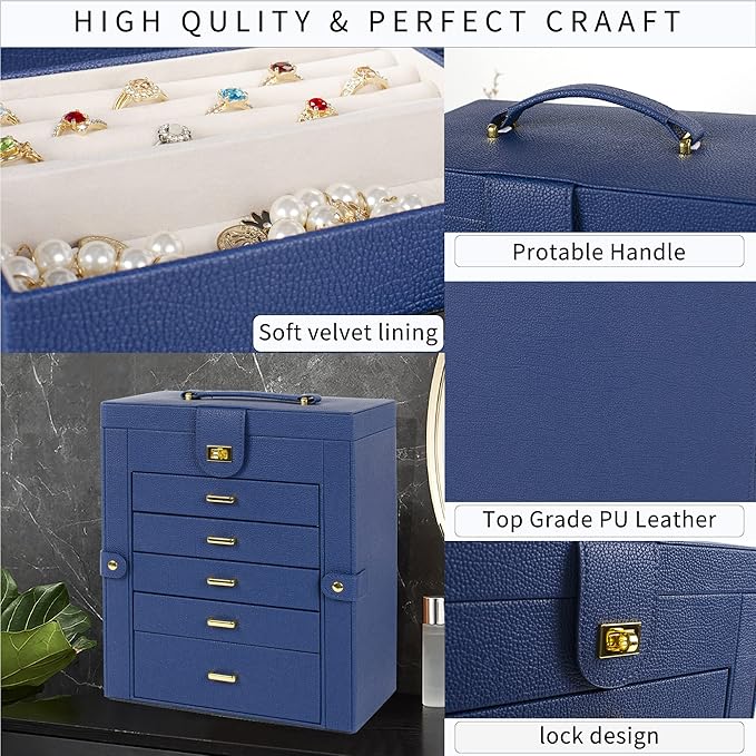 AKOZLIN Large Jewelry Box Organizer Functional with Big Mirror, Leather Jewelry Storage Case for Women Girls Ring Necklace Ea