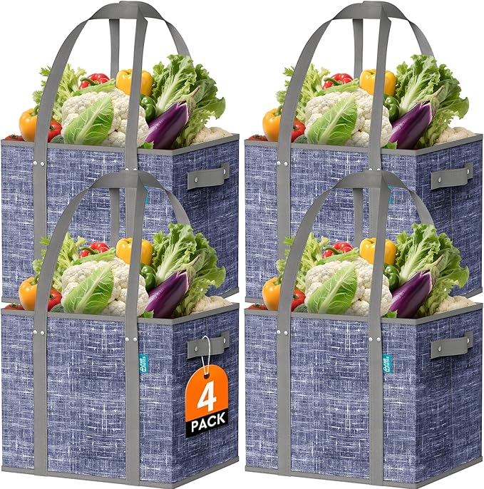 Fab totes Reusable Grocery Bags, Large Foldable Shopping Tote Bags with Reinforced Handles & Hard Bottom,4 Pack,Blue