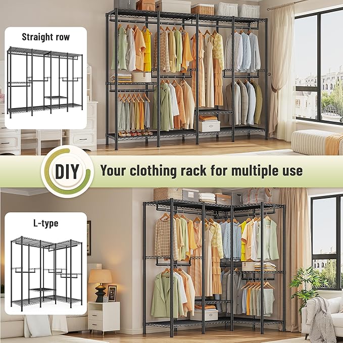 Raybee Clothes Rack for Hanging Clothes,Clothing Rack with Shelves,Portable Closet,Adjustable,76" W x 77" H x 18" D,Max Load 