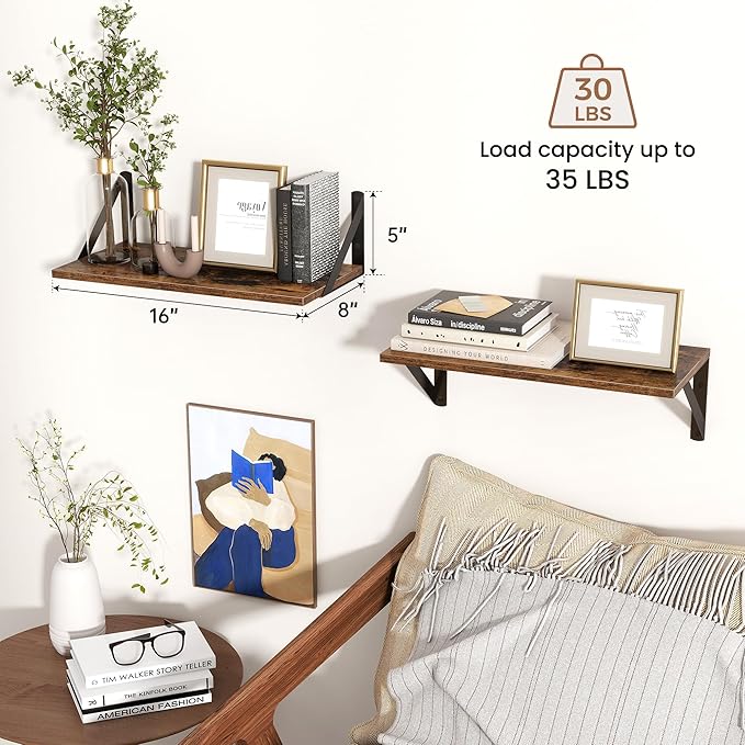 Axeman Floating Shelves for Wall, 16''W x 8''D Wood Floating Shelves Set of 2, 8 Inch Deep Rustic Wall Shelves for Bookshelf 