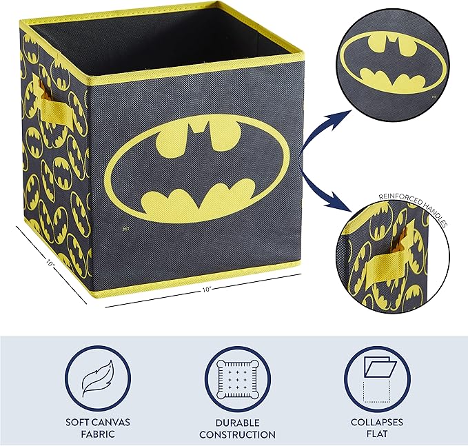 Batman Collapsible Storage Cubes – Set of 2 Foldable Fabric Bins for Kids – Organizer Boxes with Iconic Logo – Closet & Toy S