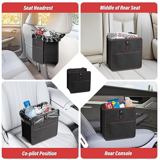 YSSOA 2 Pack 3 Gallons Foldable Car Trash Can with Adjustable Straps and Storage Pockets, Waterproof & Leakproof, Multipurpose for Car, Black