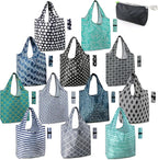 BeeGreen Reusable Grocery Bags Lightweight Durable Shopping Bags Washable Foldable 12 Pack Xlarge Classic Geometric Design Gift Tote Grocery Bags with Elastic Band and Separated Zipper Storage Pouch