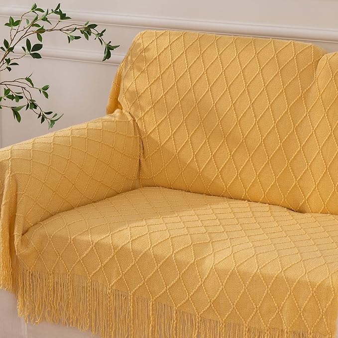 BATTILO HOME Mustard Throw Blanket with Fringe Geometric Bed Gold Yellow Throws Breathable Decorative Large Throw for Couch S