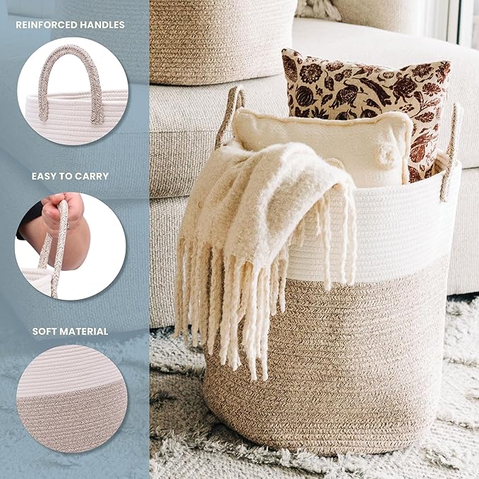 OrganiHaus Large Brown Woven Laundry Basket w/Handles 52L, Rope Dirty Clothes Hamper, Blanket Basket for Living Room, Baby La