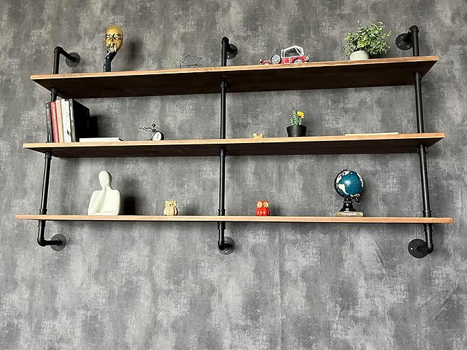 Floating Shelves 70 inch Wall Bookshelf Industrial Pipe Shelving Shelves Real Wood Planks Rustic Wall Shelves Hanging Bookshe