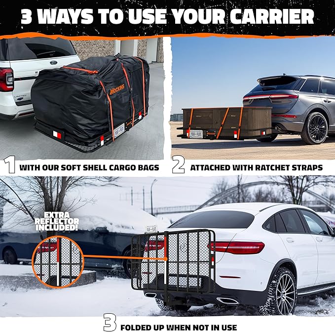 Mockins 60"x36"x6" XL Folding Trailer Hitch Cargo Carrier & 35 Cu.Ft. Tow Hitch Cargo Carrier Bag | 500 Lbs. Capacity Luggage Rack for SUV Car Truck & Soft Waterproof Trailer Rack Bag with Accessories
