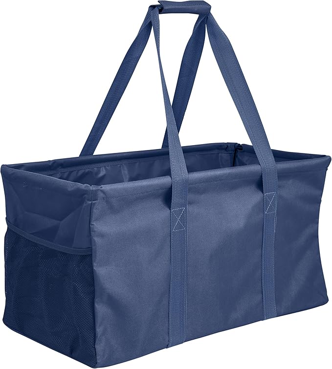 Extra Large Utility Tote Bag - Oversized Collapsible Reusable Wire Frame Rectangular Canvas Basket With Two Exterior Pockets For Beach, Pool, Laundry, Car Trunk, Storage - Navy Blue