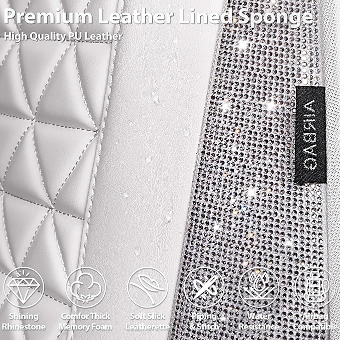 CAR PASS All White Bling Diamond Leather Car Seat Covers Full Sets,Waterproof Shining Glitter Sparkly Crystal Universal Fit f