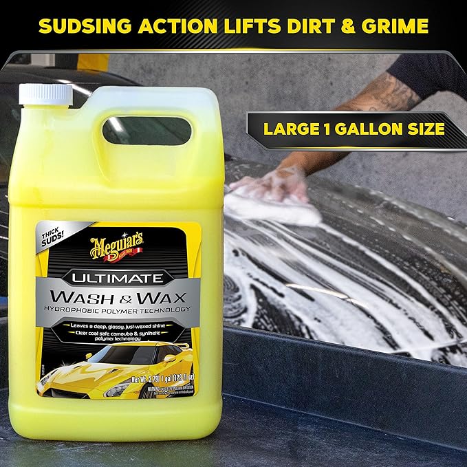 Meguiar's Ultimate Wash and Wax, Car Wash Soap and Wax Cleans & Shines in One Step, Shine & Protect with an Enhanced pH Balanced Car Paint Cleaner, 1 Gallon
