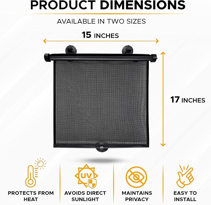 EcoNour Car Window Shades (4 Pack) | Retractable Roller Sunshade for Kids | Baby Window Shades for Offers Impeccable Sun Protection | Curtain Shades for Privacy Blackout | 15"x17"