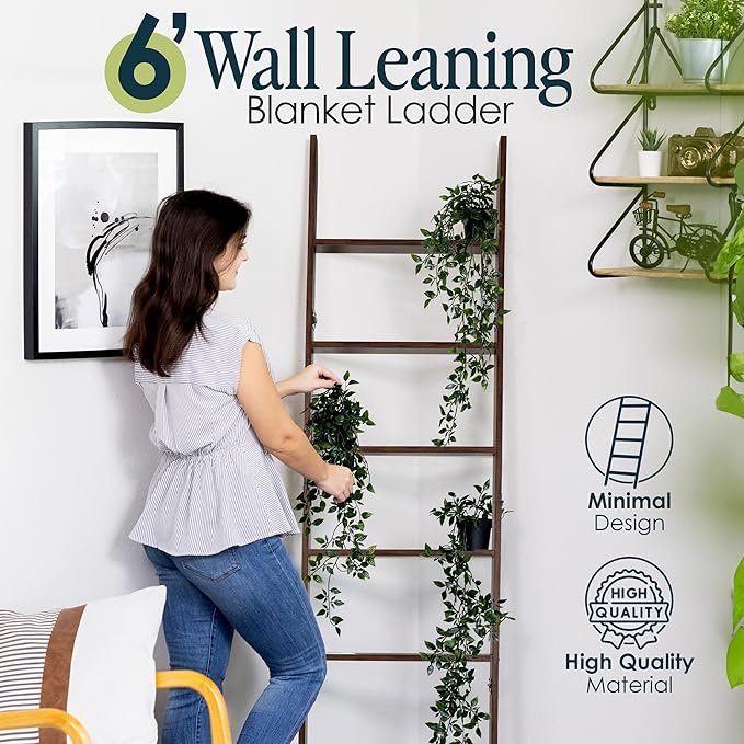 Blanket Ladder for Living Room and Bedroom, 5ft 8 inch, 6-Tier Wall Leaning Laminate Snag Free Construction (Rustic Hickory) 