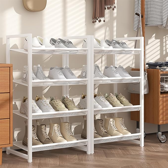 8 Tier Narrow Shoe Rack, Stackable Metal Shoe Storage, Holds 16-20 Pairs, Vertical Shoe Organizer for Garage Closet Entryway,