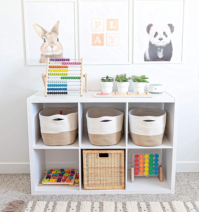 OrganiHaus Rope Baskets for Shelves - Set of 3 Woven Storage Baskets for Organizing, Closet & Toy Storage - Honey/Off-White -
