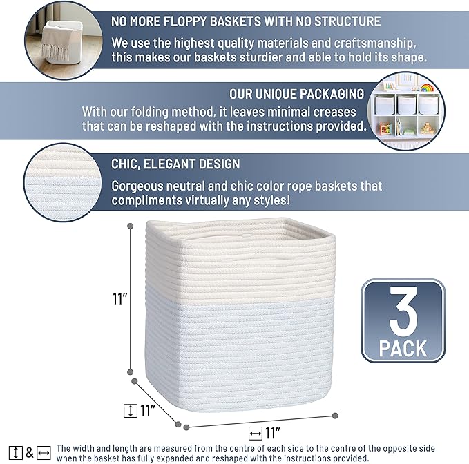 NaturalCozy Storage Cubes 11 Inch Cotton Rope Woven Baskets for Organizing, 3-Pack | Cube Storage Bin | Square Storage Basket