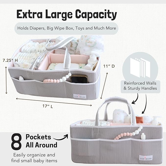 Lily Miles Baby Diaper Caddy - Organizer Tote Bag for Baby Girl Essentials - Baby Shower Basket - Nursery Must Haves - Regist