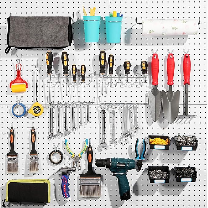 FRIMOONY Pegboard Hooks, with Bins, Peg Locks, for Organizing Various Tools, 131 PCS, 60 of Which are Locks