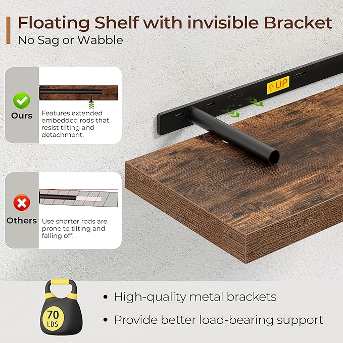 Fun Memories Floating Shelves for Wall 40 Inch Set of 3, Farmhouse Floating Shelves with Invisible Heavy Duty Bracket, 10 Inc