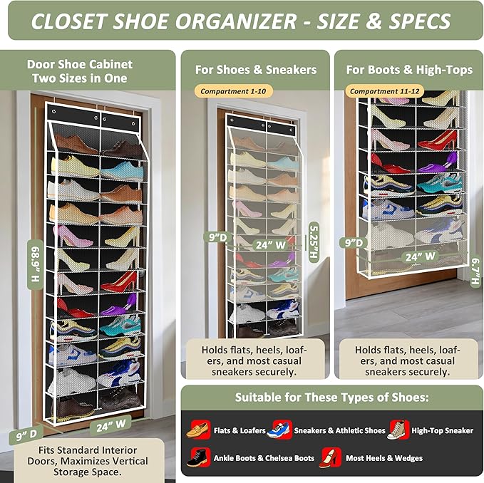 Kotkn 24-Pair Over Door Shoe Organizer for Family & Kids, Double Sided | Hanging Storage for Sneakers, Boots, Toys & Room Org