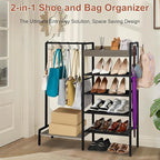 2-in-1 Shoe and Purse Rack, 5-Tier Shoe Rack with Wooden Tray & 7 Hooks, Industrial Metal Shoe Shelf with Removable Shelves f