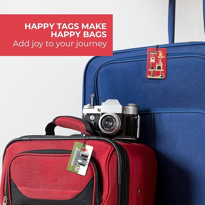 R. Nichols Cat Luggage Tag Set - Sturdy Waterproof Plastic Travel Labels for Baggage, Suitcases, Backpacks, and Diaper Bags, 