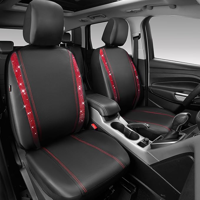 CAR PASS Leather Bling Diamond Car Seat Covers 2 Front Interior Sets, Waterproof Universal Shining Glitter Crystal Sparkle Fit for 95% Automotive Truck SUV Cute Women Girl, Black Red Rhinestone