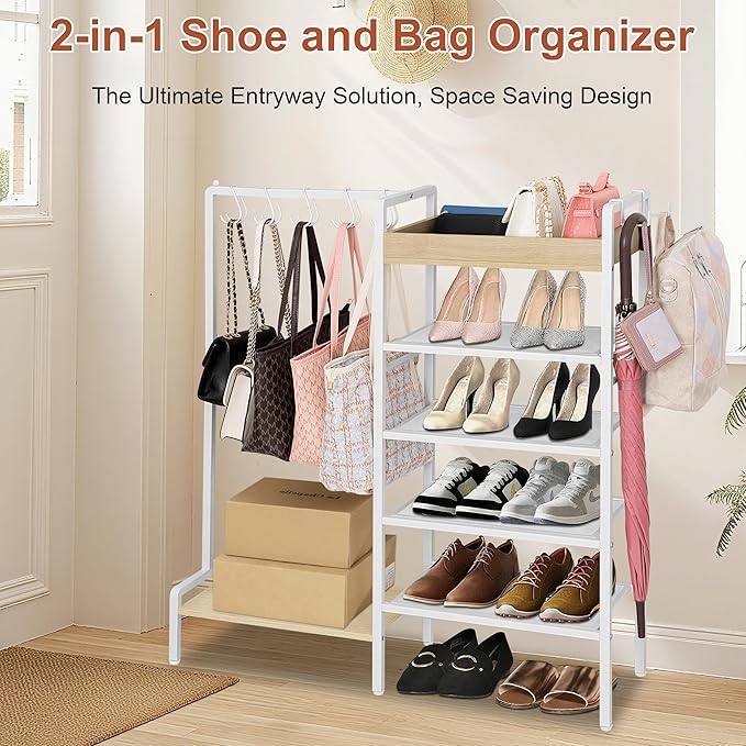 2-in-1 Shoe Rack for Closet with Purse Organizer, 5 Tier Shoes Shelf with Wooden Tray and Removable Shelves, Storage Organize