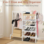 2-in-1 Shoe Rack for Closet with Purse Organizer, 5 Tier Shoes Shelf with Wooden Tray and Removable Shelves, Storage Organize
