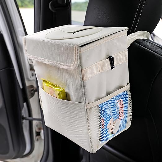 Car Garbage can with lid Leak Proof Vehicle Trash Can 3 Storage Pockets Hanging Waterproof car Trash Bag for SUV Beige