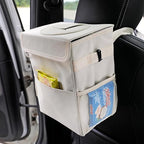 Car Garbage can with lid Leak Proof Vehicle Trash Can 3 Storage Pockets Hanging Waterproof car Trash Bag for SUV Beige