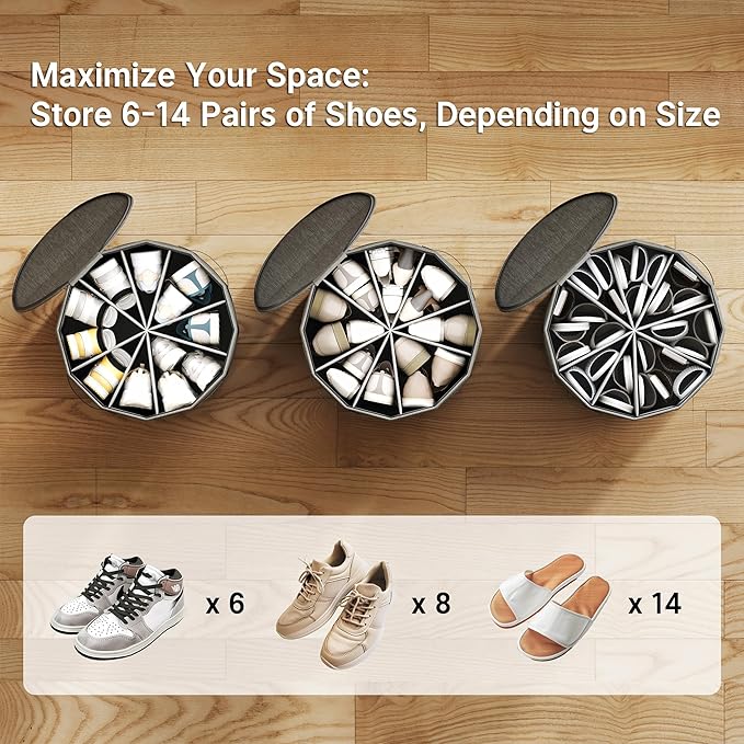 Vailando Shoe Organizer for Closet - Cylindrical Shoe Storage Organizer with Adjustable Dividers for Closet, Foldable Shoe St