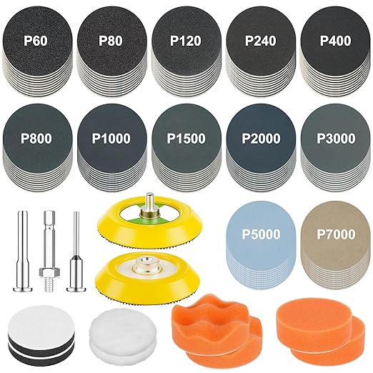 133pcs 3 Inch Sanding Disc Drill Polishing Kit Sanding Attachment, Headlight Restoration Kit, Hook and Loop Sanding Pads 60 to 7000 Wet Dry Sandpaper, Drill Sanding Attachment for Car, Wood, Metal