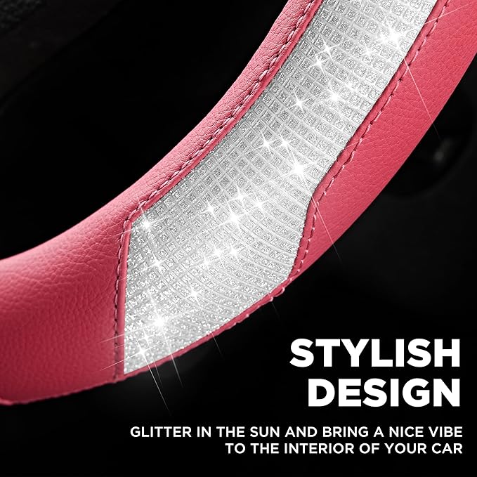 PIC AUTO Steering Wheel Cover, Sparkly Crystal Bling Glitter with Hot Pink Leather, Universal Fit 14.5"-15.5" Car Steering Wh
