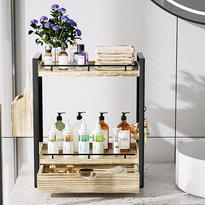 2-Tier Wood Bathroom Counter Organizer, Countertop Organizer with Drawer and Storage Basket, Bathroom Sink Organizer for Vani