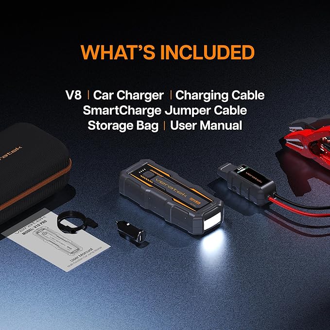 ReelCharge - Veratek V8 Pro 3000A Car Battery Jump Starter Portable (8.0L Gas & 6.0L Diesel) - 12V Lithium Battery Booster