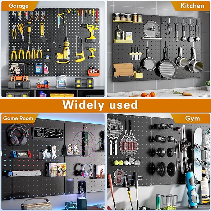 Peg Board, 110pcs Metal Pegboard Kit, Includes 4 Pack Black Peg Board Panels with Accessories and Hook Locks, Large Heavy Dut