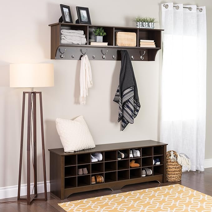 Prepac 60" Contemporary Wall Mounted Coat Rack, Coat Hooks Wall Mount with 4 Shelves, Ideal for Hallway or Entryway Storage S